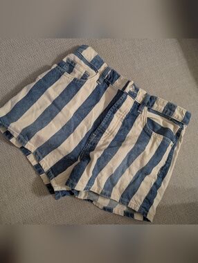Current/Elliott Blue and White High-Waist Shorts